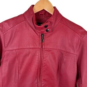 STEVE MADDEN Genuine Red Leather Women’s Large Vintage Trucker Jacket Zip Biker